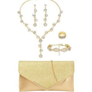 5 Piece Jewelry Set with Rhinestone Clutch Purse Earrings Necklace Bracelet